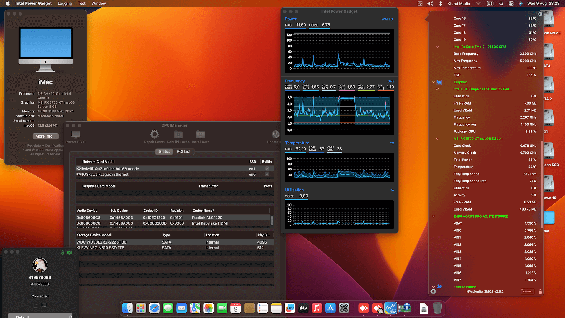Success Hackintosh macOS Ventura 13.5 Build 22G74 in Gigabyte Z490 Aorus Pro AX + Intel Core i9-10850K + MSI RX 5700XT